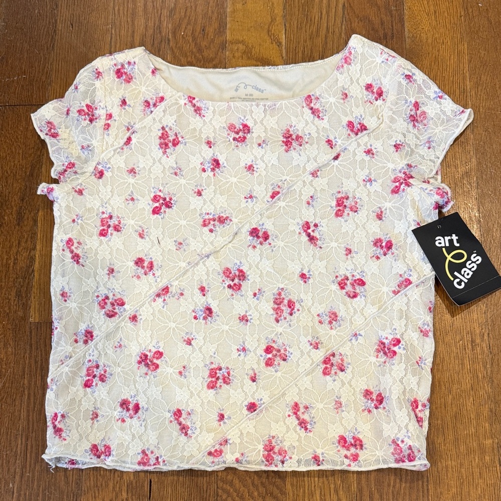 NWT! Art Class White and Pink Floral Lace Blouse sizes S (6-7), M (8), L (10-12)